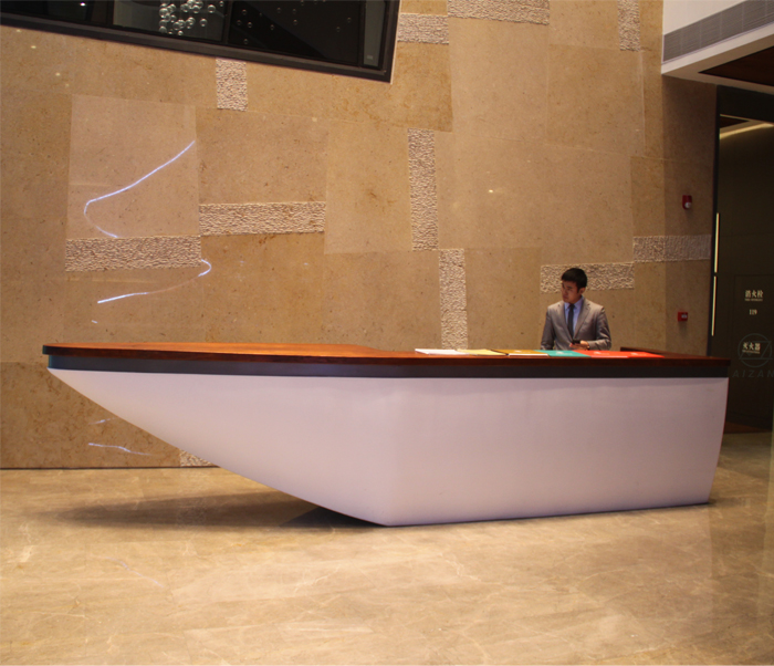 Modern hotel reception desk lobby information counter boat shaped